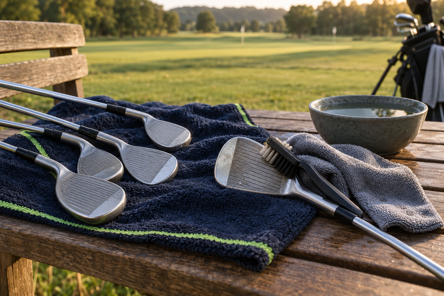 Hierros de golf, un paño y un cepillo preparados para limpiar el material después de jugar