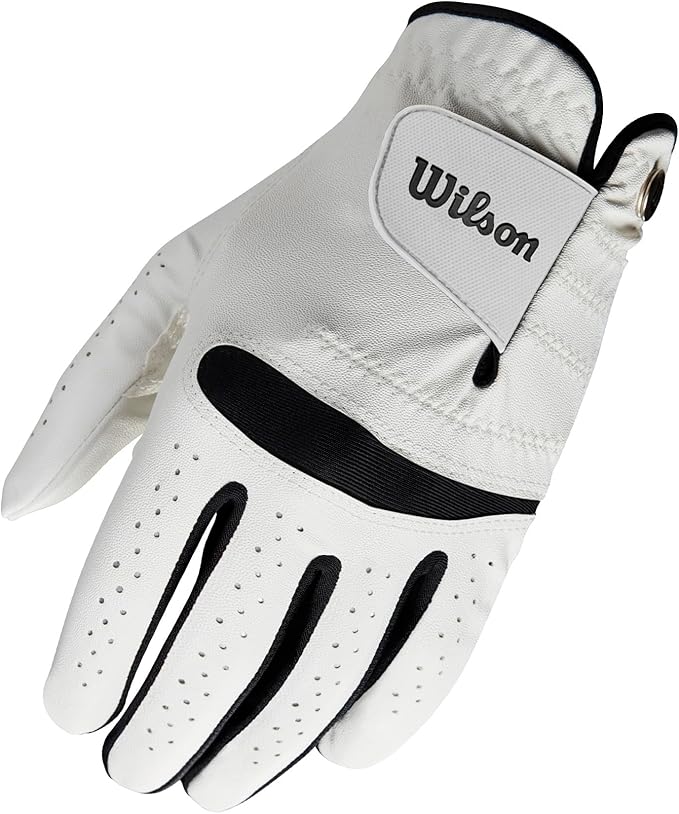Guante de golf Wilson Feel Plus blanco, con detalle del tejido y el cierre de la muñeca