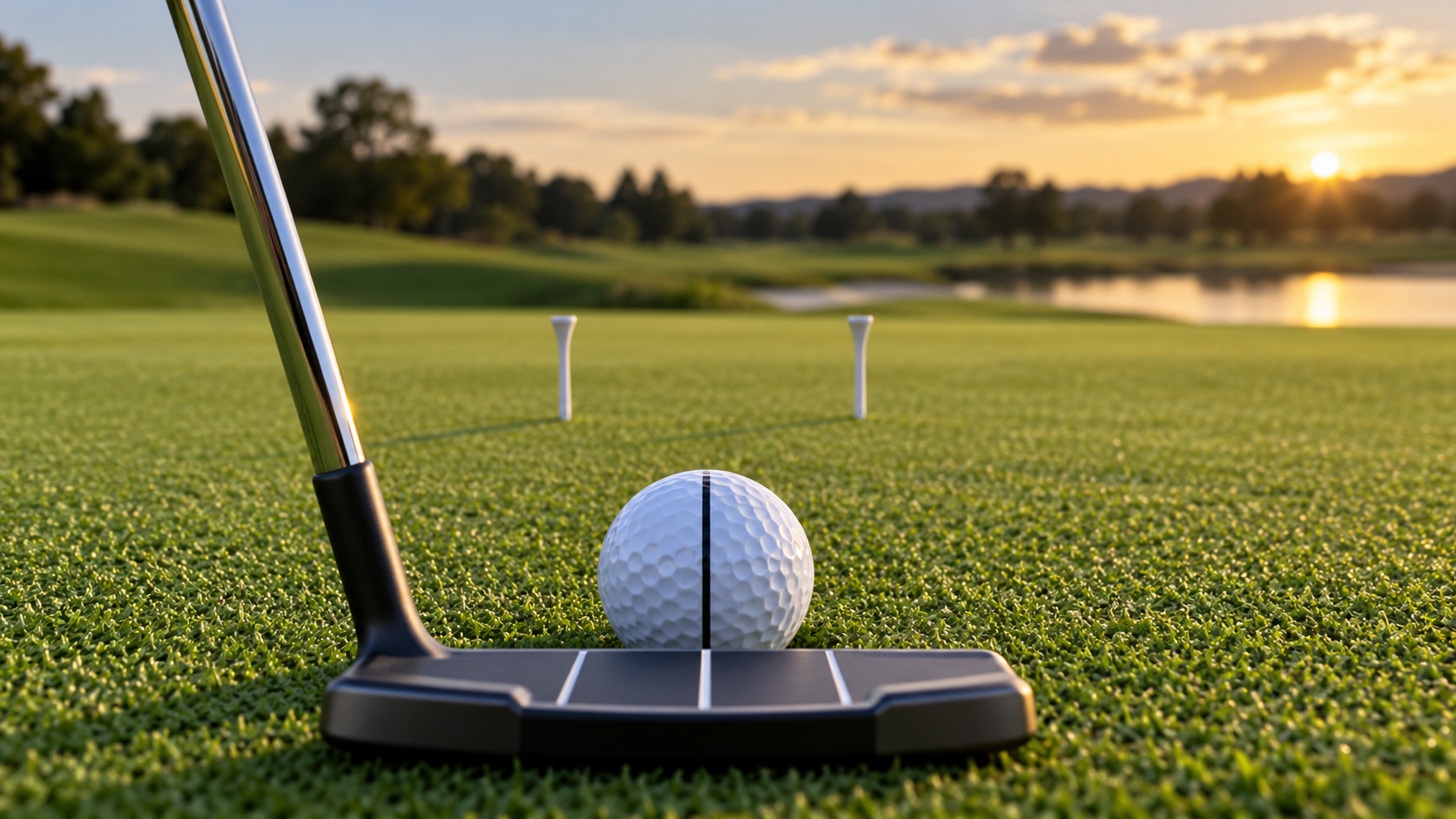 Bola de golf con una línea de alineación dirigida hacia una puerta formada por dos tees